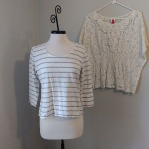 Arizona XL Ivory Gray Stripe 3/4 Sleeve Lace Back